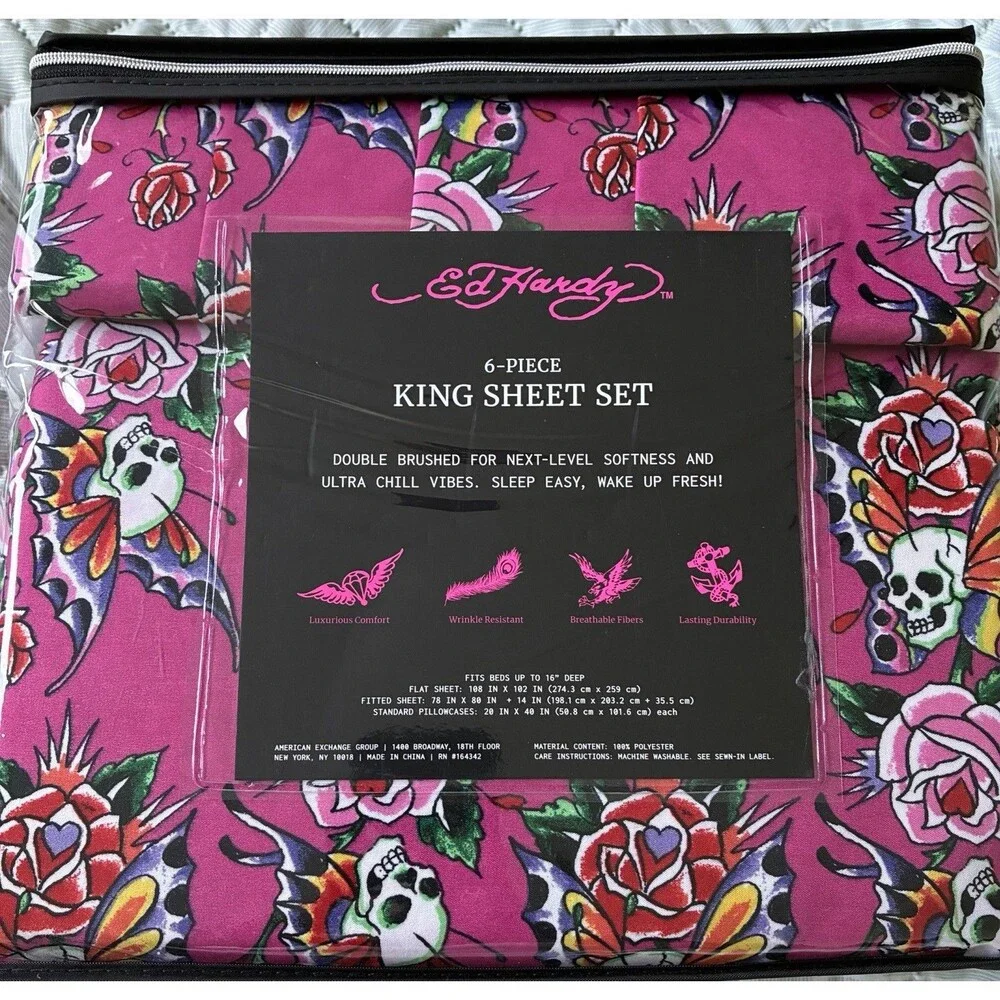 Ed Hardy King Sheet Set Pink Skull Rose Butterfly 6 Piece 4 Pillowcases New
